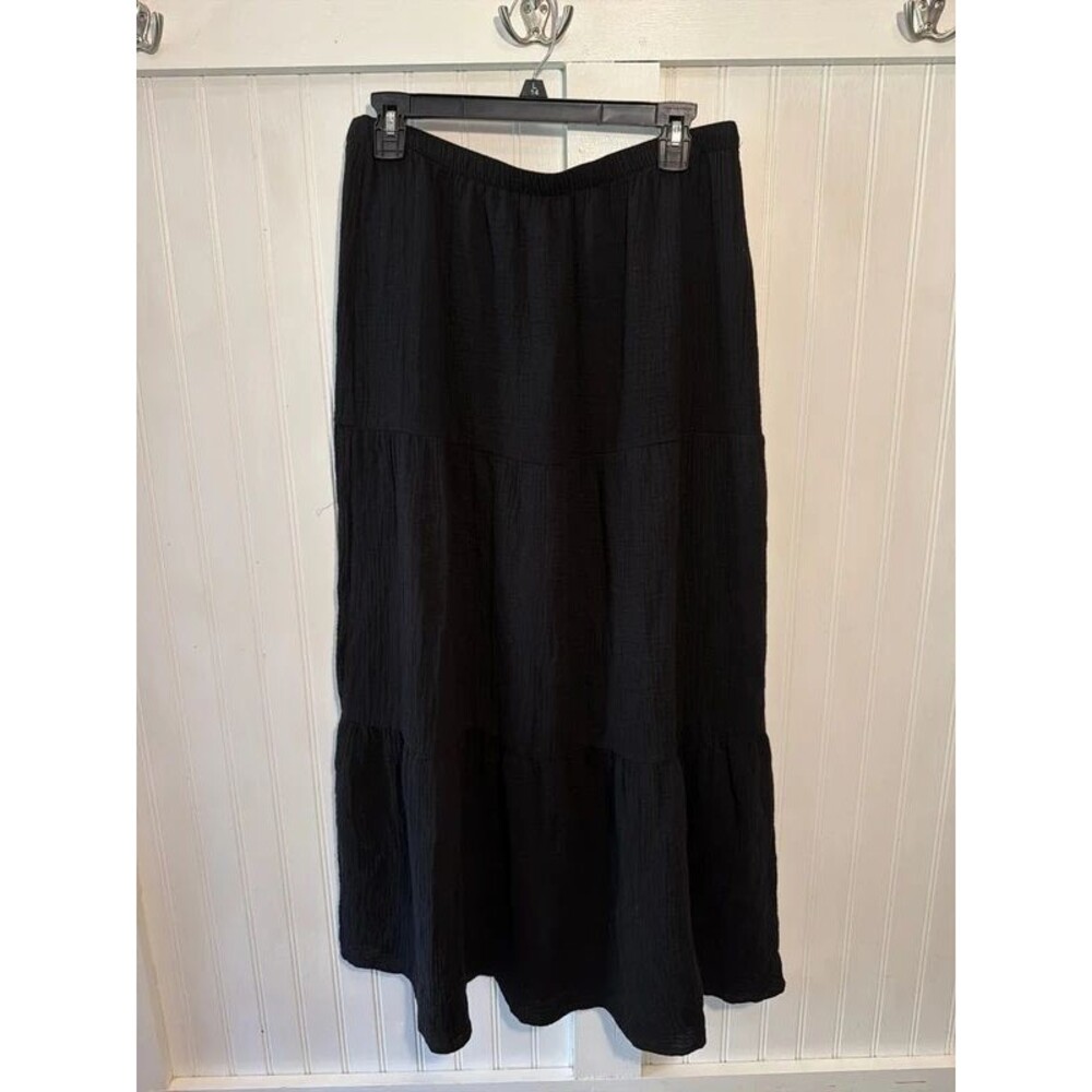 Black cotton maxi skirt XL elastic waist Black Ibis witchy peasant boho tiered